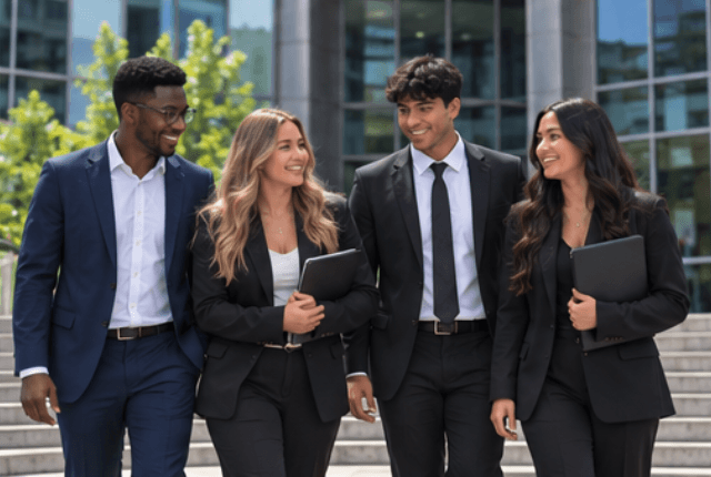 A group of Revamped Marketing professionals walking together outside the office