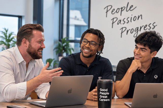 Revamped Marketing team members collaborating at a table with the company's values painted on the wall behind them