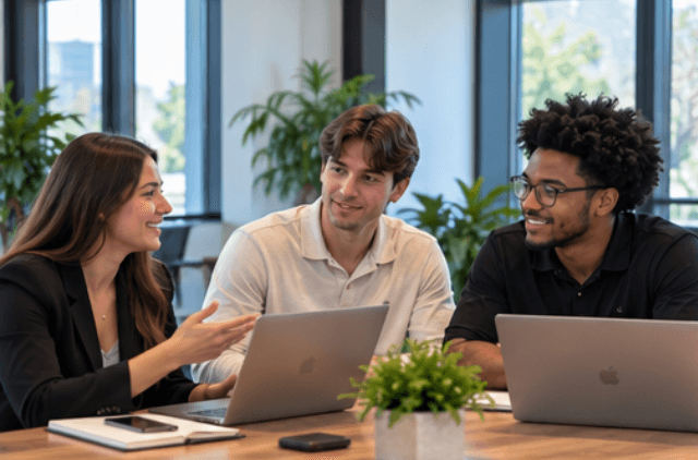 Revamped Marketing team members collaborating around a table with laptops